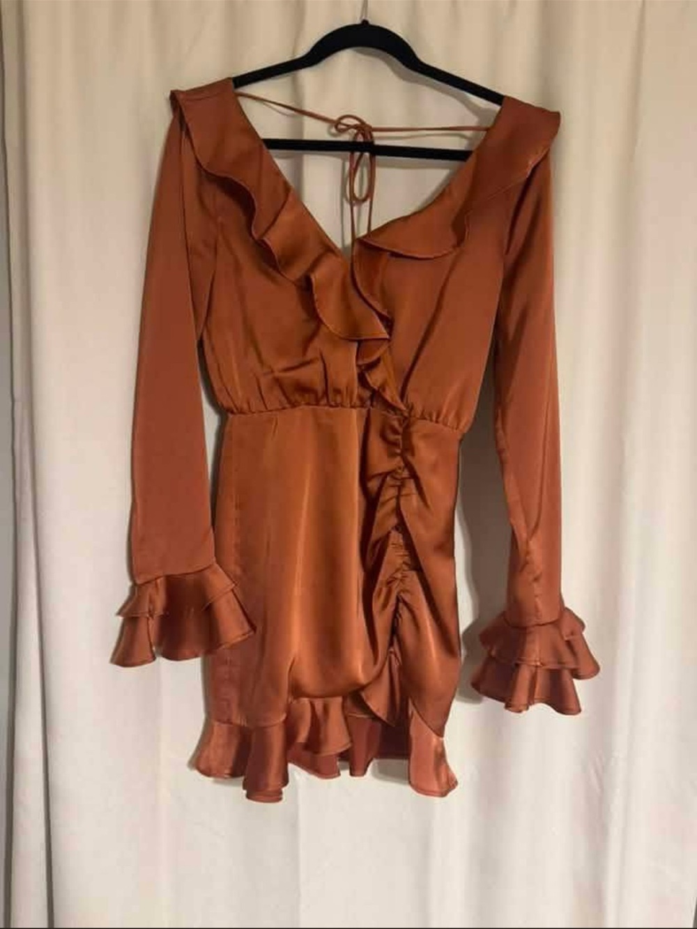 MAJORELLE Rust Ruffle-Trim Satin Mini Dress